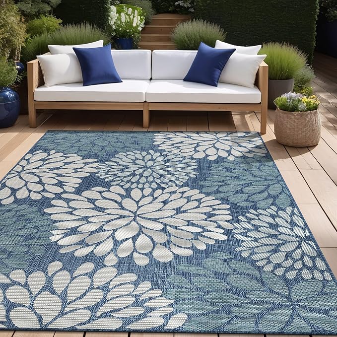Beverly Rug Outdoor Rug 6x9 Modern Exotic Tropical Leaf Area Rugs for Indoor and Outdoor Patio Deck Porch Garden Water Resistant Washable Outside Carpet (6 x 9 Blue)