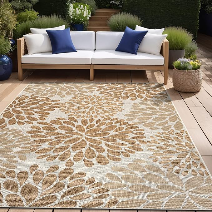 Beverly Rug Outdoor Rug 6x9 Modern Exotic Tropical Leaf Area Rugs for Indoor and Outdoor Patio Deck Porch Garden Water Resistant Washable Outside Carpet (6 x 9 Beige)