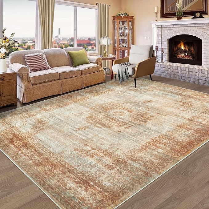 Vintage Living Room Area Rug - 6x9 Large Machine Washable Boho Moroccan Rug Distressed Farmhouse Rugs for Bedroom - Soft Non-Slip Indoor Carpet for Dining Room Office Nursery (Brown, 6'x9')