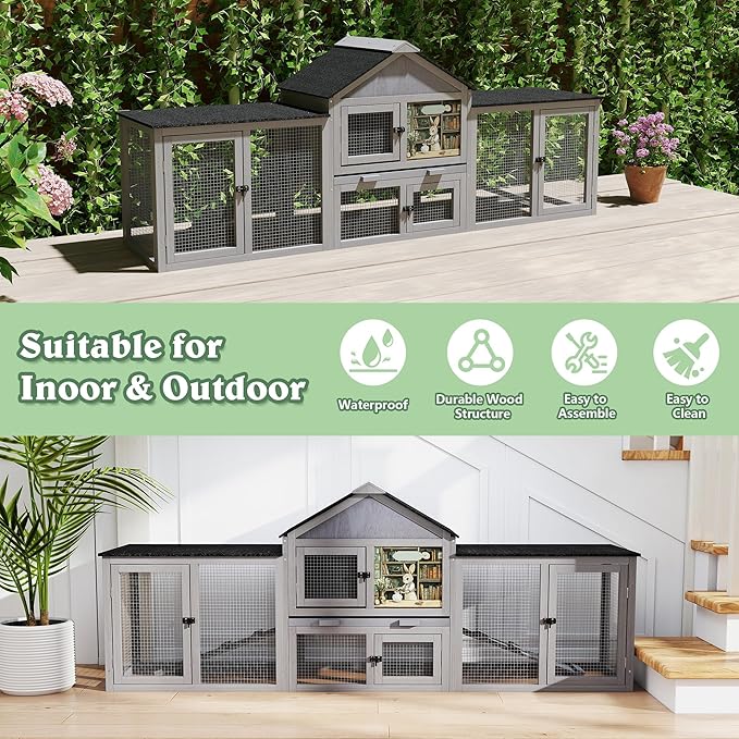 COZIWOW 82inches Extra Large Wood Rabbit Hutch Outdoor Easy to Assemble and Stable Bunny Cage Indoor with Cleaning Tray & Waterproof Roof for Small and Medium Bunny Rabbit Chick (Grey)