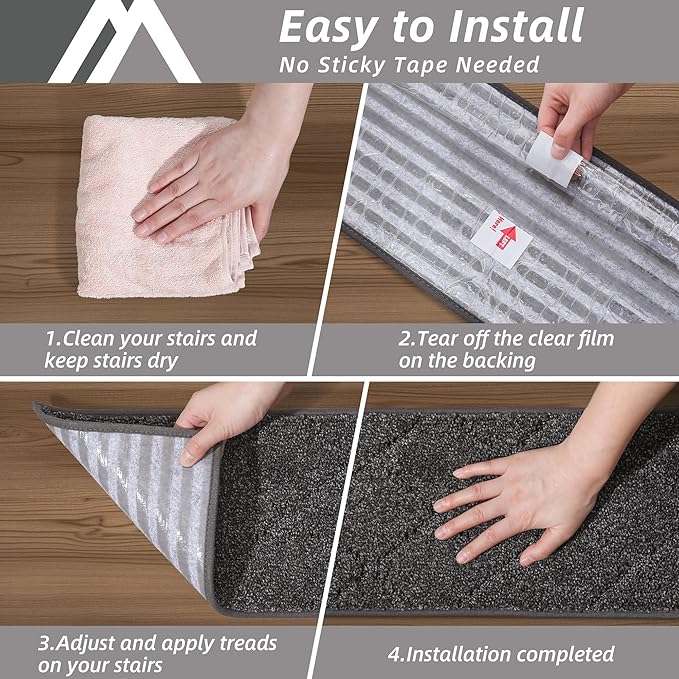 COSY HOMEER Edging Stair Treads Non-Slip Carpet Mat 28inX9in Indoor Stair Runners for Wooden Steps, Edging Stair Rugs for Kids and Dogs, 100% Polyester TPE Backing (7pc, Black,)