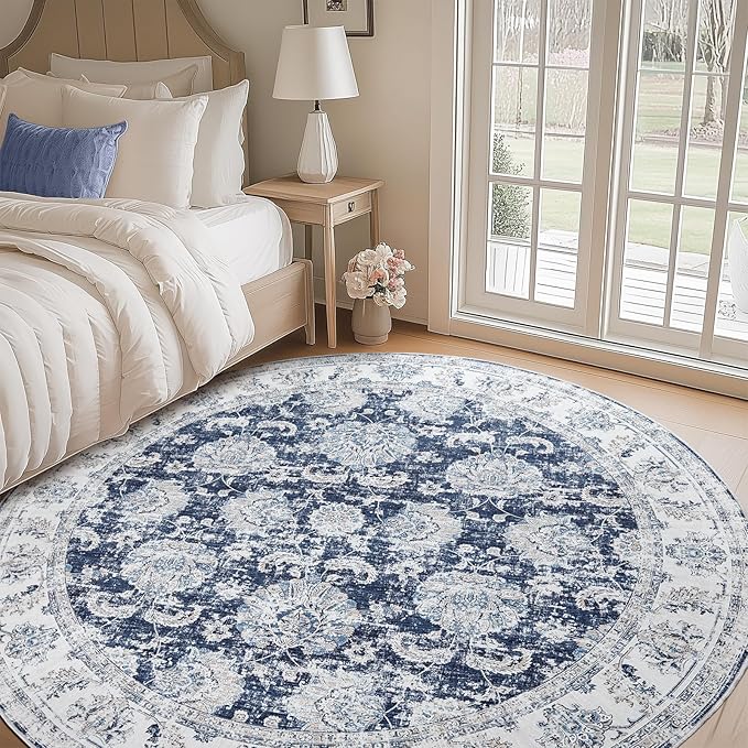jinchan Fiora Round Rug 7ft Area Rugs Vintage Floral Distressed Design Machine Washable Non-Slip Low-Pile Ultra-Thin Circle Rug for Living Room Dining Room Bedroom Farmhouse (7' Round, Dark Blue)
