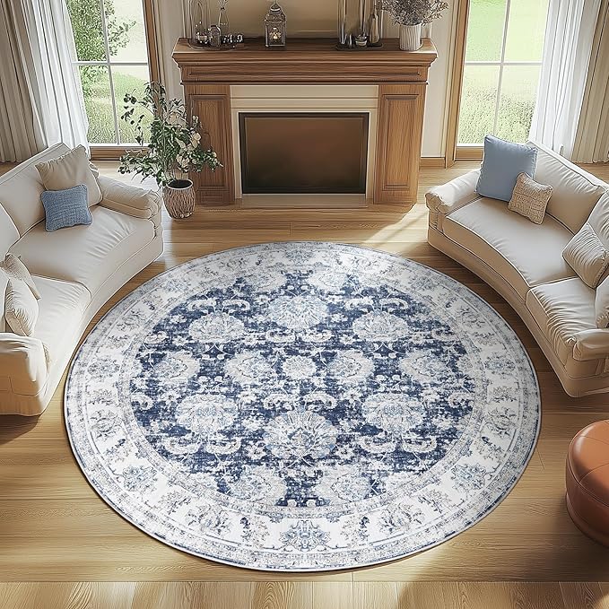 jinchan Fiora Round Rug 7ft Area Rugs Vintage Floral Distressed Design Machine Washable Non-Slip Low-Pile Ultra-Thin Circle Rug for Living Room Dining Room Bedroom Farmhouse (7' Round, Dark Blue)