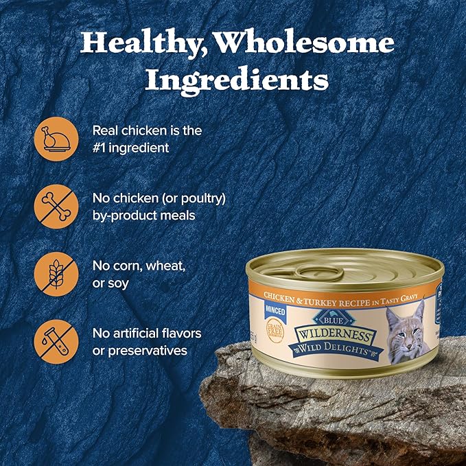 Blue Buffalo Wilderness Wild Delights Minced Natural Wet Cat Food, Chicken & Turkey in Tasty Gravy, 5.5-oz. Cans, 24-Pack