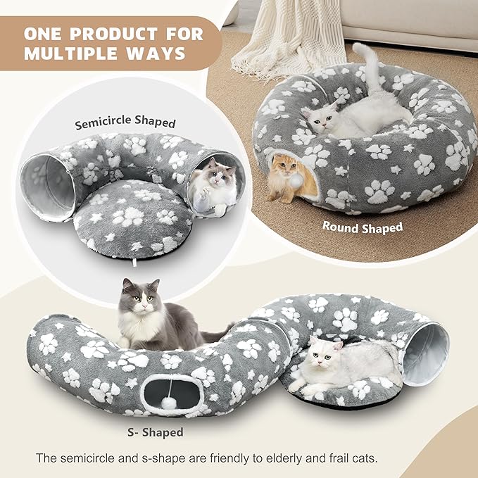 Cat Tunnel for Indoor Cats, Cute Peekaboo Cave with Dangling Balls, Pet Donut Tunnel Bed with Circle Mat for Puppy Kitten Rabbit, Grey