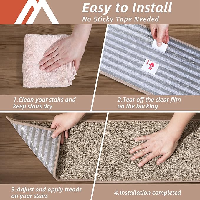 COSY HOMEER Edging Stair Treads Non-Slip Carpet Mat 28inX9in Indoor Stair Runners for Wooden Steps, Edging Stair Rugs for Kids and Dogs, 100% Polyester TPE Backing(4pc, Beige)