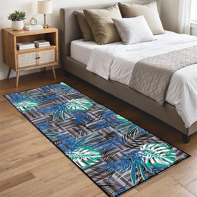 1.3x7 ft Runner Rug Tropical Blue - Non-Slip Low-Pile & Washable for Hallway, Living Room, Bedroom - Botanical Leaf Print Plush Soft - No Linting Easy Clean Indoor Carpet