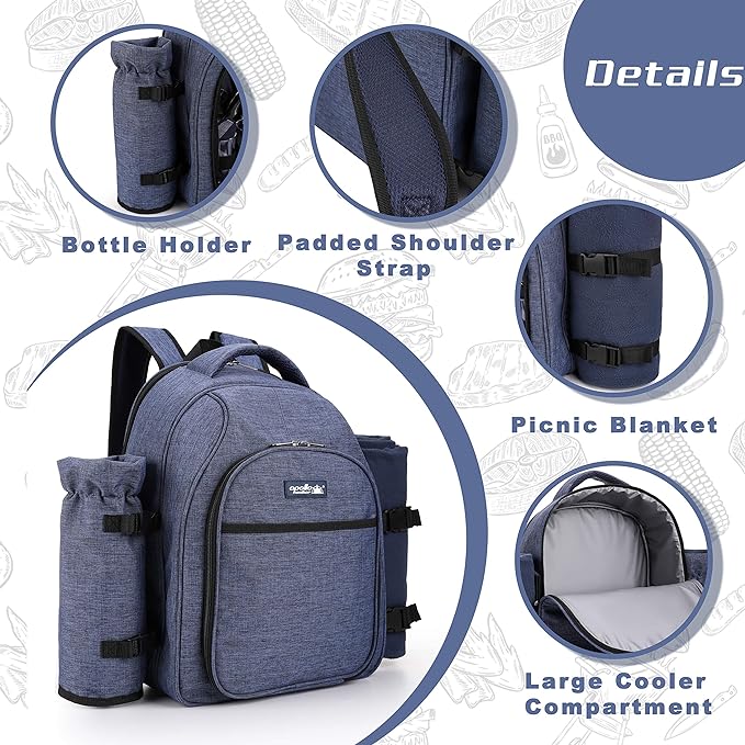 Apollo Walker Picnic Backpack Bag for 2 Person with Cooler Compartment, Detachable Bottle/Wine Holder, Fleece Blanket, Plates and Cutlery Set (2 Person, Navy)