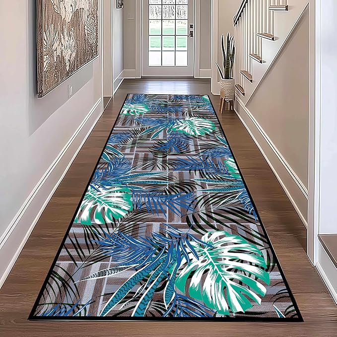 1.3x7 ft Runner Rug Tropical Blue - Non-Slip Low-Pile & Washable for Hallway, Living Room, Bedroom - Botanical Leaf Print Plush Soft - No Linting Easy Clean Indoor Carpet