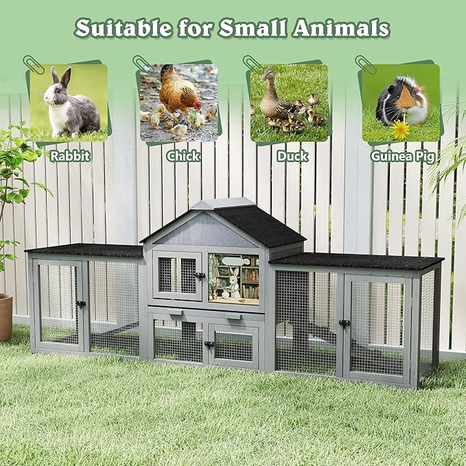 COZIWOW 82inches Extra Large Wood Rabbit Hutch Outdoor Easy to Assemble and Stable Bunny Cage Indoor with Cleaning Tray & Waterproof Roof for Small and Medium Bunny Rabbit Chick (Grey)