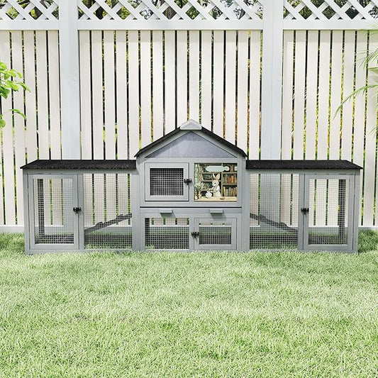 COZIWOW 82inches Extra Large Wood Rabbit Hutch Outdoor Easy to Assemble and Stable Bunny Cage Indoor with Cleaning Tray & Waterproof Roof for Small and Medium Bunny Rabbit Chick (Grey)