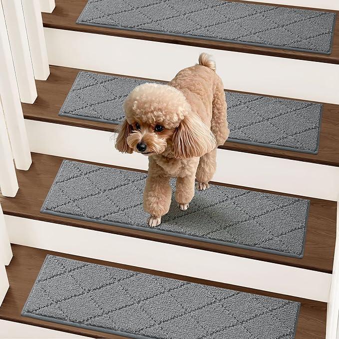COSY HOMEER Stair Treads for Wooden Steps 9"x28" Washable Indoor Carpet Stair Treads Non Slip Soft Polyester Stair Carpet Tread Reusable Stair Runner Rugs for Kids, Elders,Pets,Medium Grey,10pcs