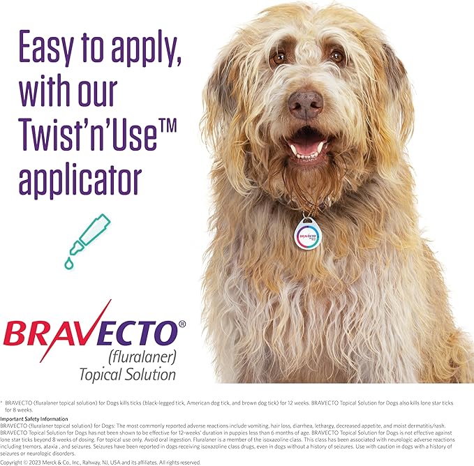 BRAVECTO Topical Solution for Dogs, Flea & Tick, 12 Week Supply, >22-44 lbs., Green Box