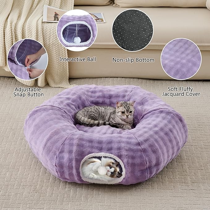 Bubble Cat Tunnel for Indoor Cats, Round Peekaboo Cave Toy with Dangling Balls, Donut Tunnel Bed with Circle Mat for Puppy Kitten Rabbit, Dusty Purple