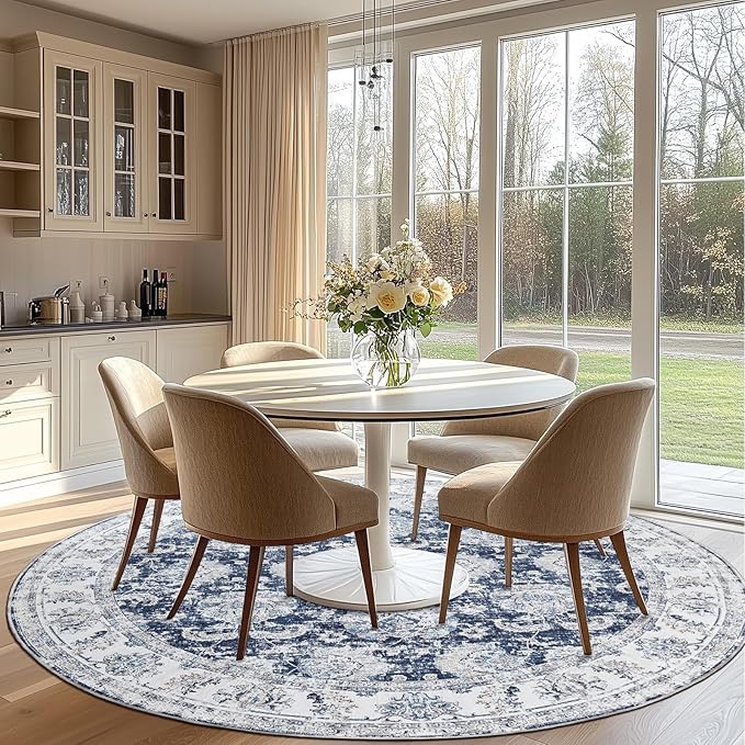 jinchan Fiora Round Rug 7ft Area Rugs Vintage Floral Distressed Design Machine Washable Non-Slip Low-Pile Ultra-Thin Circle Rug for Living Room Dining Room Bedroom Farmhouse (7' Round, Dark Blue)