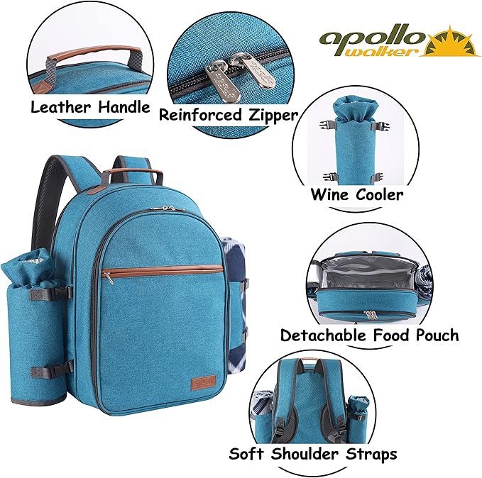 Apollo Walker Picnic Backpack Set for 2 Person with Cooler Compartment, Detachable Bottle/Wine Holder, Fleece Blanket, Plates and Cutlery Set (Teal)