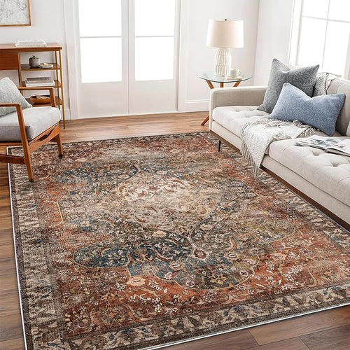 10'x14' Washable Area Rug Boho Chic Medallion Distressed Design Non-Shedding Easy Care Ideal for High Traffic Areas in Rug for Living Room Bedroom Office Coffee Table Large Carpet