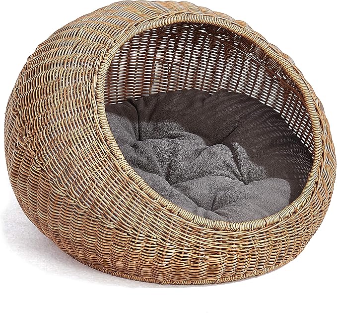 D+GARDEN Wicker Cat Bed Dome for Medium Indoor Cats - a Covered Cat Hideaway Hut of Faux Rattan Houses Pets in Dome Basket, Washable