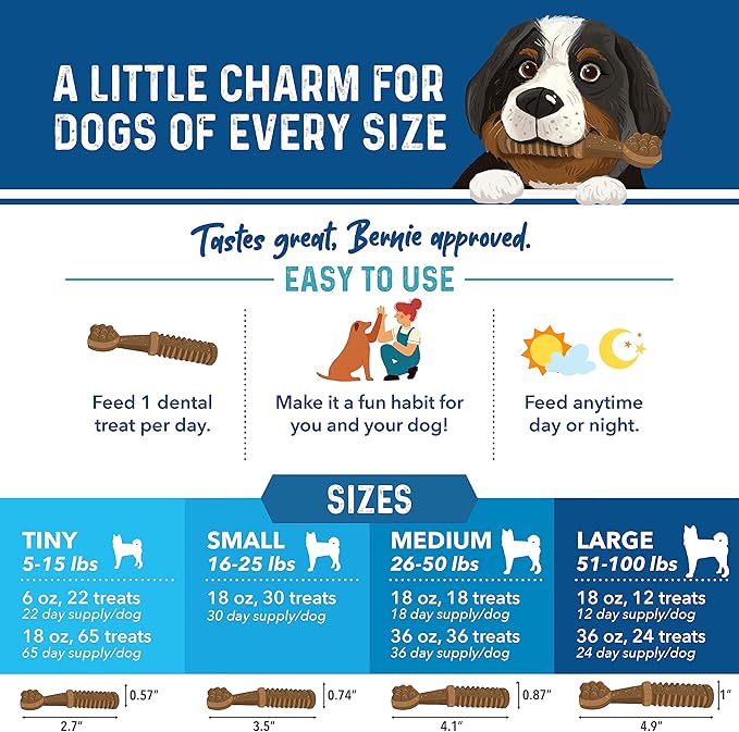 Bernie's Charming Chompers - Daily Dental Chews for Dogs 50-100 Lbs. - 24 Count - Cleans Teeth, Freshens Breath, + Boosts Oral-Gut Microbiome. Easy to Digest, Supports Healthy Digestion Naturally