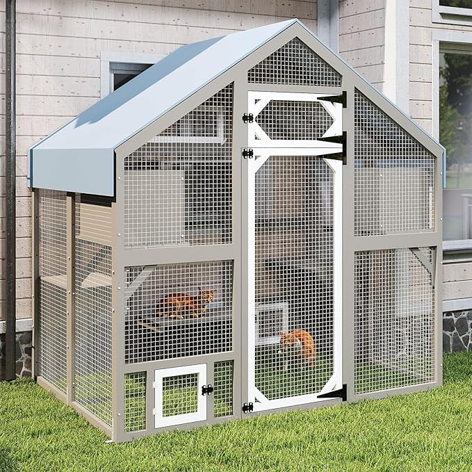 Cat Catio Outdoor Enclosure for Multiple Cats, Large Wooden Walk-in Cat House with Window Connection, 2 Condos, Platforms, Doors, and Weatherproof Roof Cover (69.5" L x 47" W x 71" H)