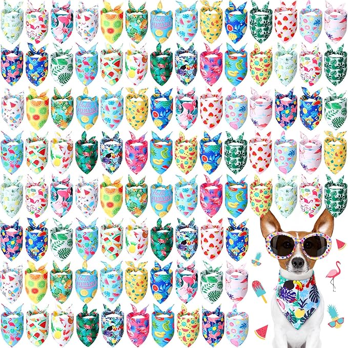 Chunful 100 Pieces Dog Bandanas Bulk Summer Pet Bandanas Pack Triangle Scarf Bib Kerchief Set for Small Large Dog Costume Accessories Decoration(19.7 x 13.8 x 13.8,Fruit)