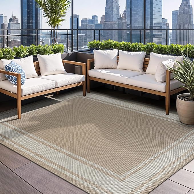 Beverly Rug Outdoor Rug 6x9 Modern Bordered Area Rugs for Indoor and Outdoor Patio Deck Porch Garden Waterproof Weather Sun Resistant Washable Outside Carpet (6 x 9 Beige)
