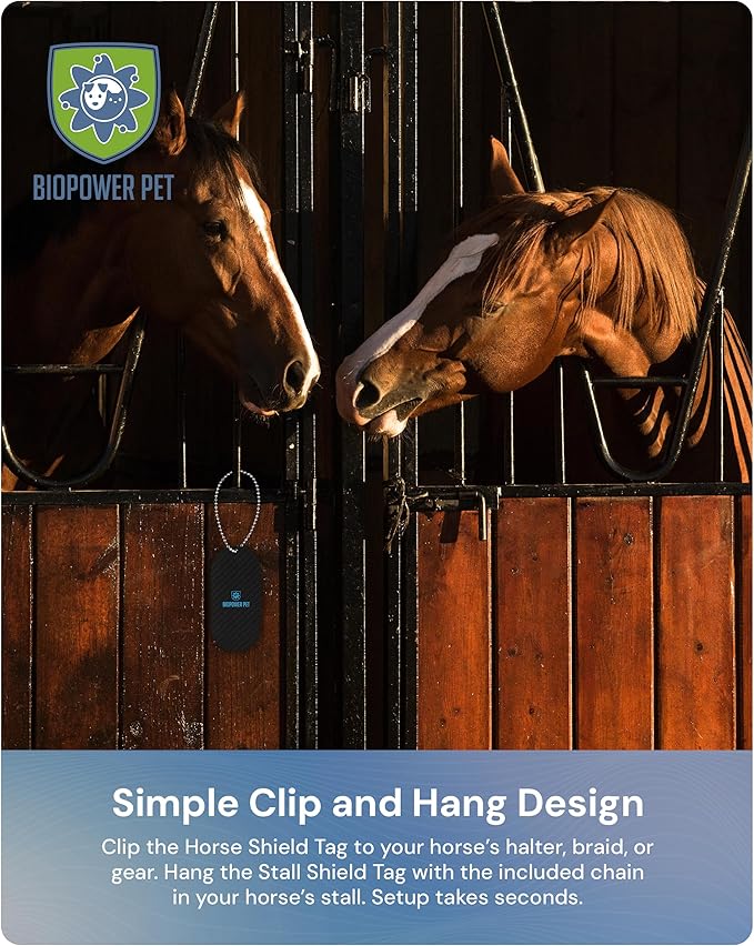 BioPower Natural Fly & Tick Repellent for Horses - Horse Shield and Stall Tags with 1-Year Bioresonance Protection – Chemical-Free, Waterproof Carbon Tag Clips to Halter – Holistic & Safe Pest Defense