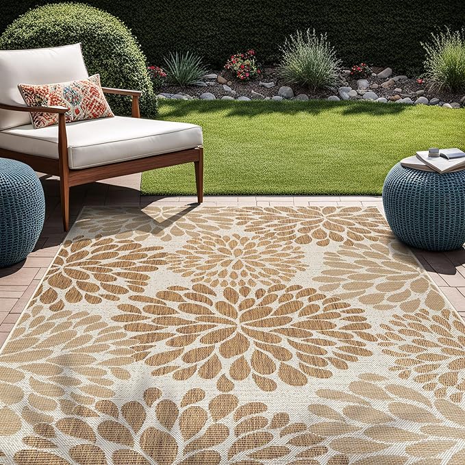 Beverly Rug Outdoor Rug 6x9 Modern Exotic Tropical Leaf Area Rugs for Indoor and Outdoor Patio Deck Porch Garden Water Resistant Washable Outside Carpet (6 x 9 Beige)