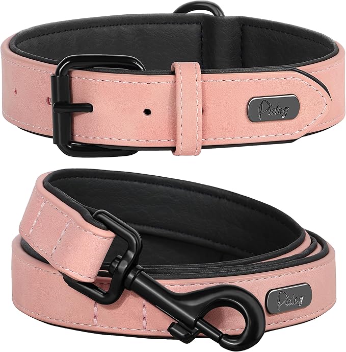Didog Soft Padded Leather Dog Collar and Leash Set, Adjustable Pink and Breathable Pet Collars with 4FT PU Leather Dog Leash for Small Medium Large Dogs, Pink, L