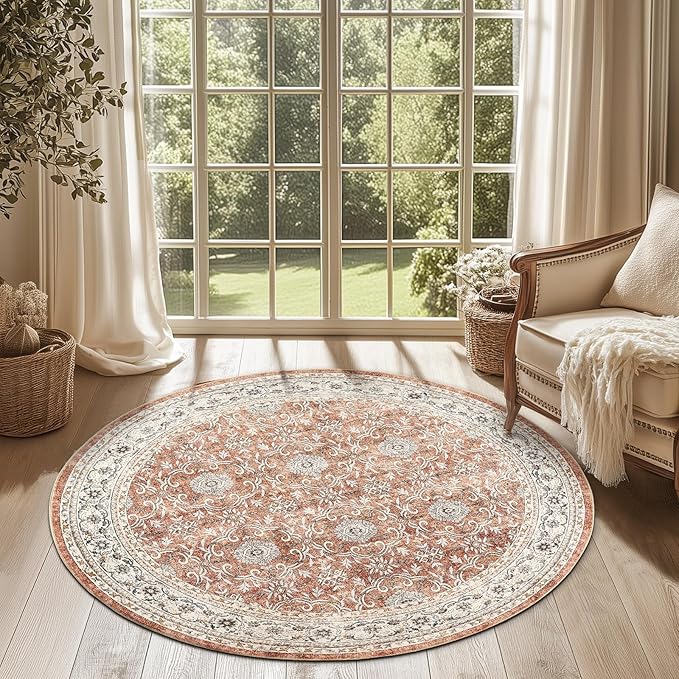 jinchan Round Rug 4ft Washable Circle Soft Rug - Low Pile Vintage 4'Round Indoor Orange Floral Print Stain Resistant Boho Carpet Ultra-Thin Non-Slip for Entryway Nursery Bedroom Dining Room Kitchen