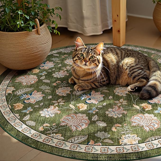 jinchan Elora 6ft Floral Round Rug for Dining Room Washable Living Room Rug Vintage Romance Design Non Slip Indoor Floor Cover Lightweight Low-Profile Throw Carpet for Bedroom Porch Patio, Green