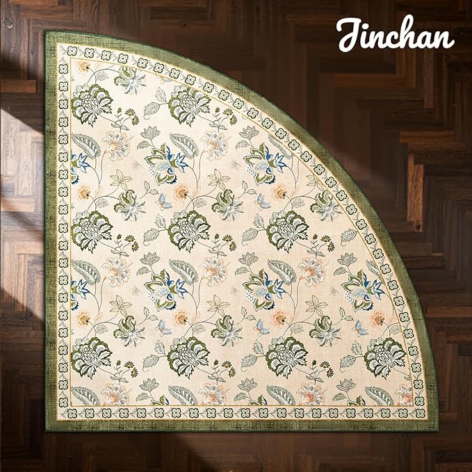 jinchan Elora Floral Corner Rug for Living Room Washable Bedroom Rug Vintage Romance Design Non Slip Quarter Circle Lightweight Low-Pile Throw Carpet for Reading Nook Playroom,8ft Radius, Green/Beige