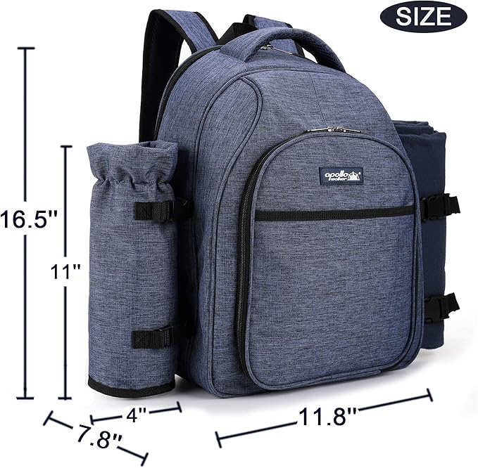 Apollo Walker Picnic Backpack Bag for 2 Person with Cooler Compartment, Detachable Bottle/Wine Holder, Fleece Blanket, Plates and Cutlery Set (2 Person, Navy)