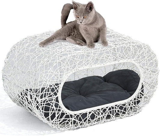 D+GARDEN Fun Stackable White Cat Condo for Indoor Cats - Interactive Play Rattan Modern Cat House for Indoor Cats Kitty, Pet Friendly Top/Side House Entry, Cat Bed Enclosed