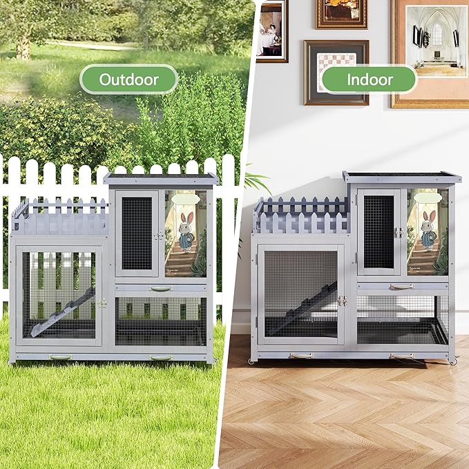COZIWOW Double Layers Durable 38In Rabbit Hutch Indoor on Wheels, Small Animal Houses Habitat, Rolling Large Bunny Cage Outdoor with Removable Tray, Ramp, Two Story Bunny Cage（Grey with Pattern）