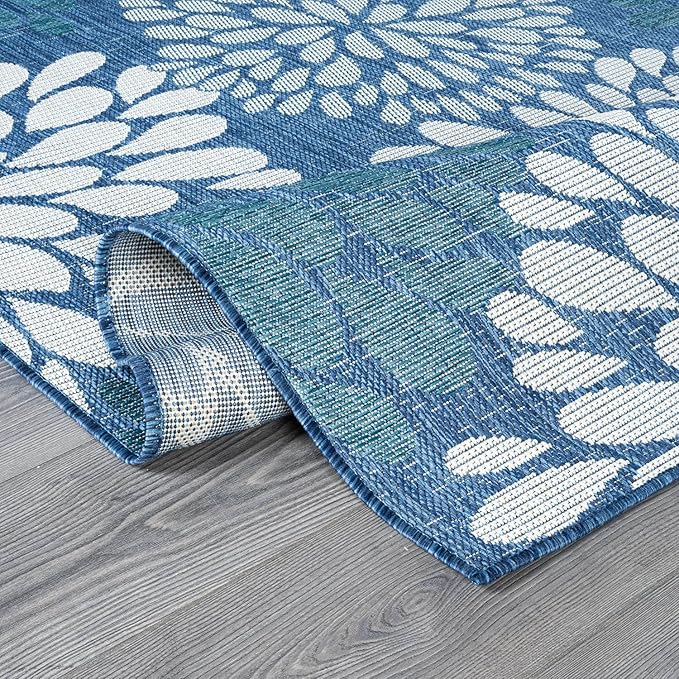 Beverly Rug Outdoor Rug 10x14 Modern Exotic Tropical Leaf Area Rugs for Indoor and Outdoor Patio Deck Porch Garden Water Resistant Washable Outside Carpet (10 x 14 Blue)