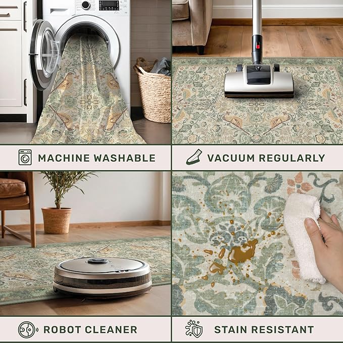 10 ft Long Sage Runner Rugs for Hallways - 3x10 Wide Kitchen Runners, Entryway Rug, with Flowers and Leaves, Washable Non Slip Low Pile