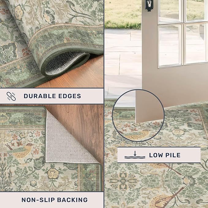 10 ft Long Sage Runner Rugs for Hallways - 3x10 Wide Kitchen Runners, Entryway Rug, with Flowers and Leaves, Washable Non Slip Low Pile