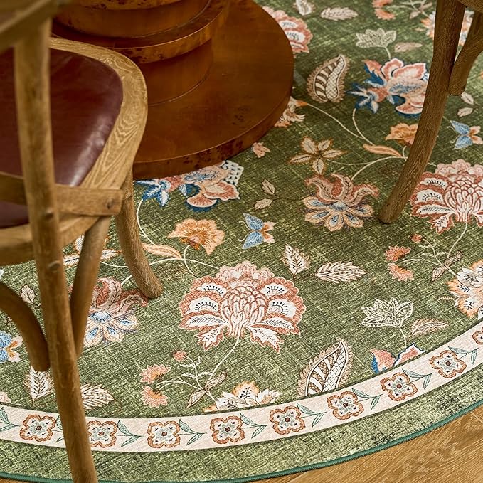 jinchan Elora 6ft Floral Round Rug for Dining Room Washable Living Room Rug Vintage Romance Design Non Slip Indoor Floor Cover Lightweight Low-Profile Throw Carpet for Bedroom Porch Patio, Green