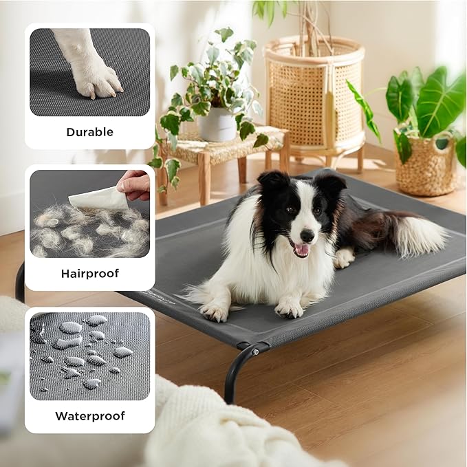 Bedsure Outdoor Elevated XL Dog Bed, Portable Indoor & Outdoor Cooling Raised Cot Pet Hammock Bed with Skid-Resistant Feet, Frame with Breathable Mesh, Grey, 54 inches
