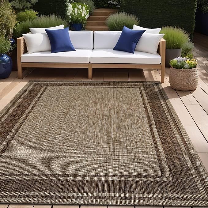 Beverly Rug Outdoor Rug 6x9 Modern Bordered Area Rugs for Indoor and Outdoor Patio Deck Porch Garden Waterproof Weather Sun Resistant Washable Outside Carpet (6 x 9 Jute)