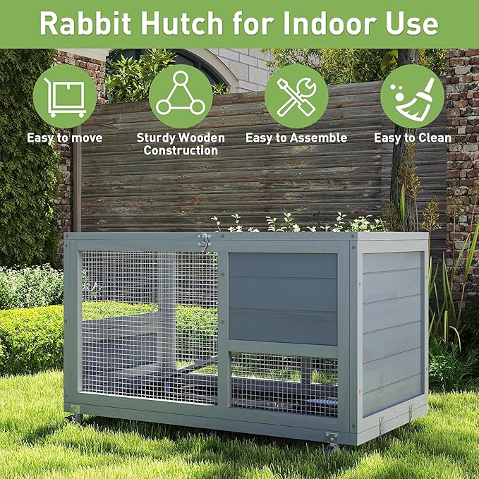 COZIWOW Wooden 36Inches Rabbit Hutch Outdoor with Wheels Bunny Cage Indoor Rabbit Cage with Clean Tray, Openable Roof, Anti-Slip Ramp for Small Bunny (Grey with Pattern)