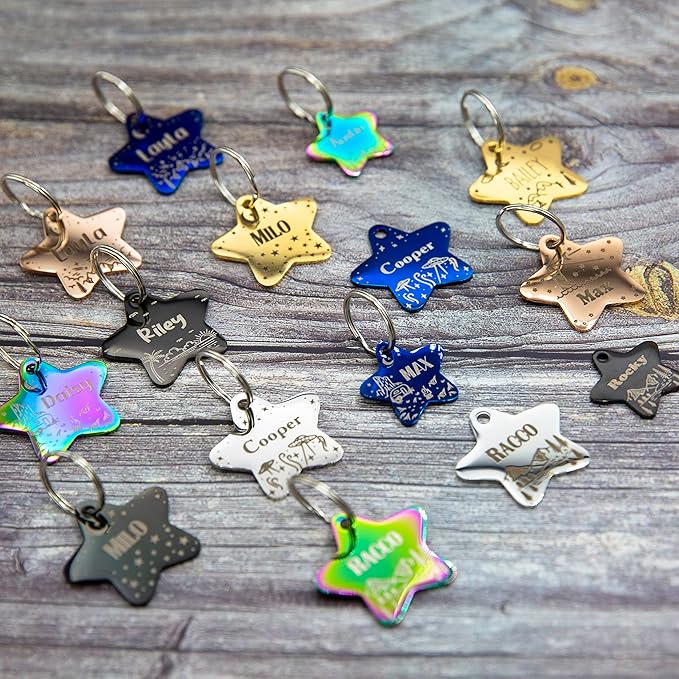 Personalized Dog Tag with 5 Lines of Custom Deep Engraved Durable Stainless Steel Pet ID Name Tag Designer Regular Size Star