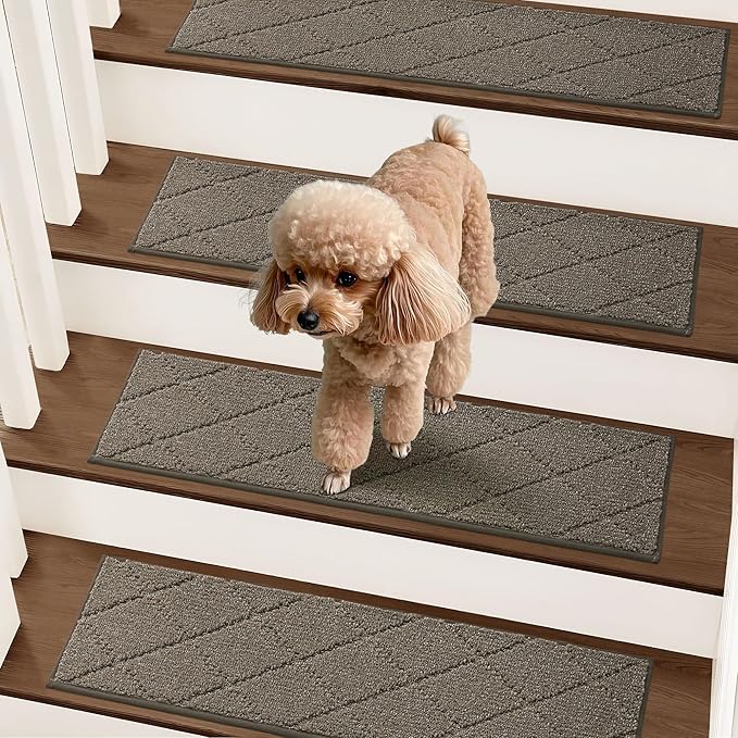 COSY HOMEER Stair Treads for Wooden Steps 9"x28" Washable Indoor Carpet Stair Treads Non Slip Soft Polyester Stair Carpet Tread Reusable Stair Runner Rugs for Kids, Elders,Pets,Light Brown,7pcs