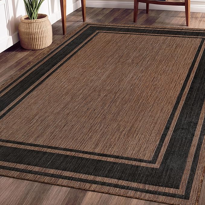 Beverly Rug Outdoor Rug 8x10 Modern Bordered Area Rugs for Indoor and Outdoor Patio Deck Porch Garden Waterproof Weather Sun Resistant Washable Outside Carpet (8 x 10 Gold)