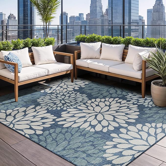 Beverly Rug Outdoor Rug 9x12 Modern Exotic Tropical Leaf Area Rugs for Indoor and Outdoor Patio Deck Porch Garden Water Resistant Washable Outside Carpet (9 x 12 Blue)