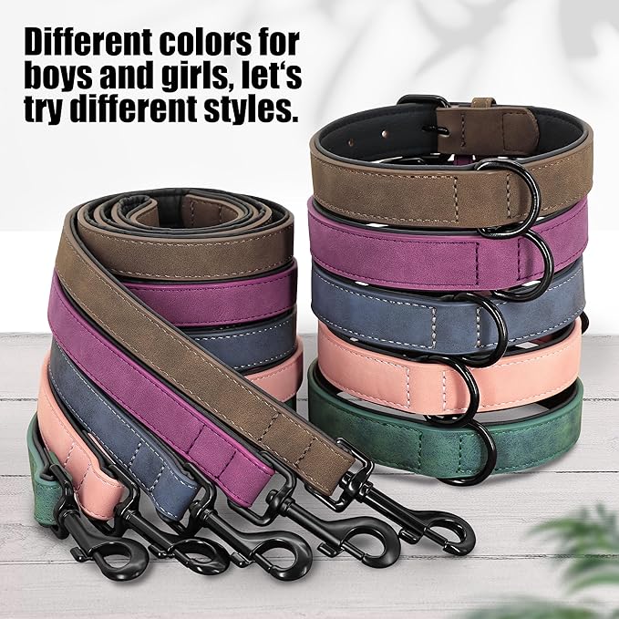 Didog Soft Padded Leather Dog Collar and Leash Set, Adjustable Dog Leash and Collar Set with Metal Buckle, Breathable Dog Collars with 4FT Leather Dog Leash for Small Medium Large Dogs, Brown, XL