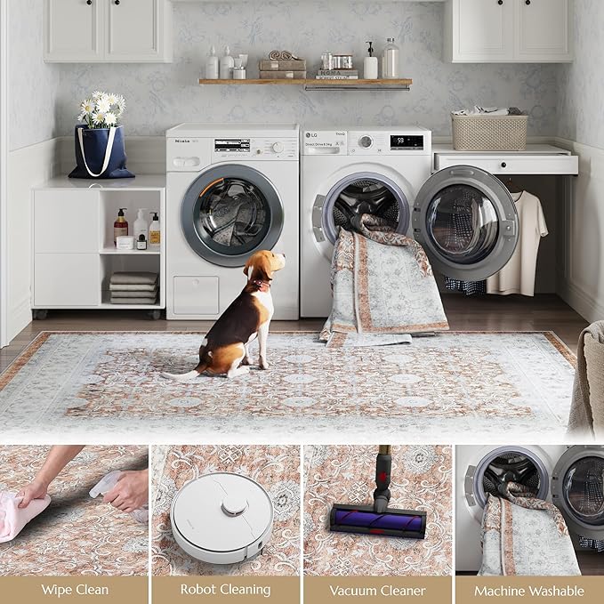 jinchan Round Rug 4ft Washable Circle Soft Rug - Low Pile Vintage 4'Round Indoor Orange Floral Print Stain Resistant Boho Carpet Ultra-Thin Non-Slip for Entryway Nursery Bedroom Dining Room Kitchen