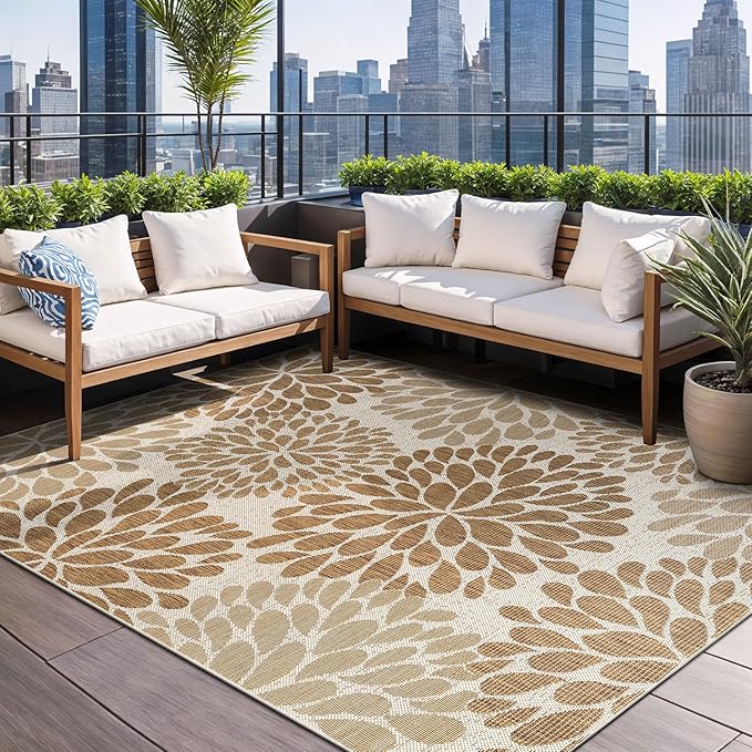 Beverly Rug Outdoor Rug 6x9 Modern Exotic Tropical Leaf Area Rugs for Indoor and Outdoor Patio Deck Porch Garden Water Resistant Washable Outside Carpet (6 x 9 Beige)