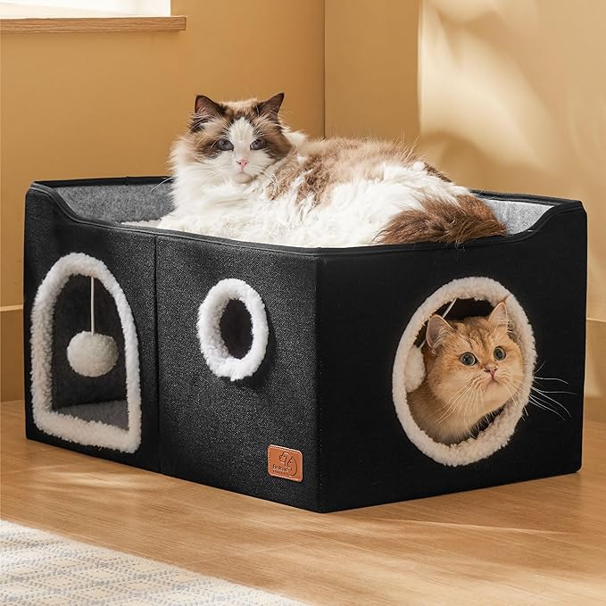 Bedsure Large Cat Beds for Indoor Cats - Extra Wide Cat Cube House for Small Pet with Fluffy Ball Hanging and Scratch Pad, Foldable Pet Cave Hideaway for Multiple Cats, 23.6x16.9x13 inches, Black